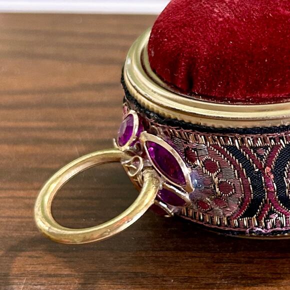 Vintage Red Velvet Pin Cushion with Brocade Trim and Jeweled Handle - Picture 4 of 5
